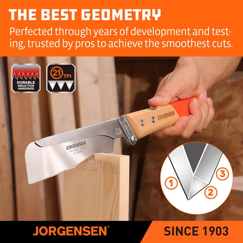 JORGENSEN Japanese Pull Saw, 6 Inch Pro Folding Dovetail Saw with Beech Wood Long handle, SK5 Steel Blade Tool-less Quick Change, 21TPI Cross Cut Woodworking Handsaw for Hardwood, Softwood - Image 3