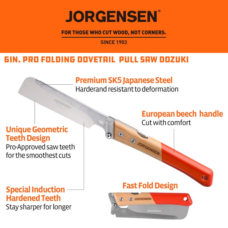 JORGENSEN Japanese Pull Saw, 6 Inch Pro Folding Dovetail Saw with Beech Wood Long handle, SK5 Steel Blade Tool-less Quick Change, 21TPI Cross Cut Woodworking Handsaw for Hardwood, Softwood - Image 2