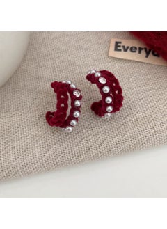 Autumn Winter Camellia Stud Earrings Bridal Luxury Velvet Red High-end Jewelry . FR14 Pearl flocking C ring