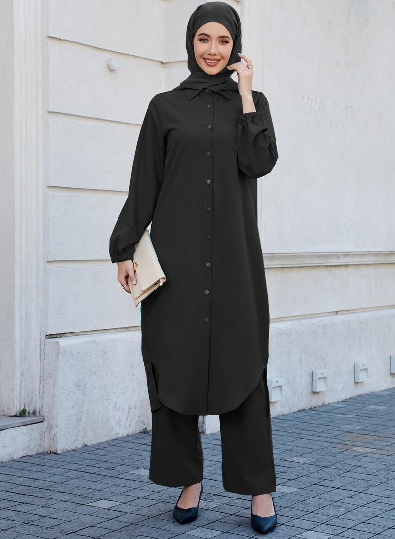 Abayas Dress for Women Muslim Robe Islamic Kaftan 3 PCS Set Long Sleeve Button Shirts Pants Hijab Dubai Outfits