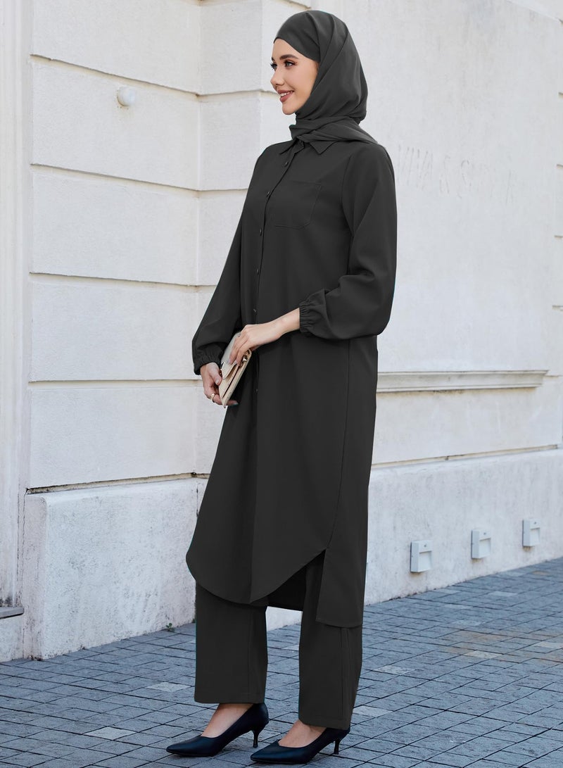 Abayas Dress for Women Muslim Robe Islamic Kaftan 3 PCS Set Long Sleeve Button Shirts Pants Hijab Dubai Outfits