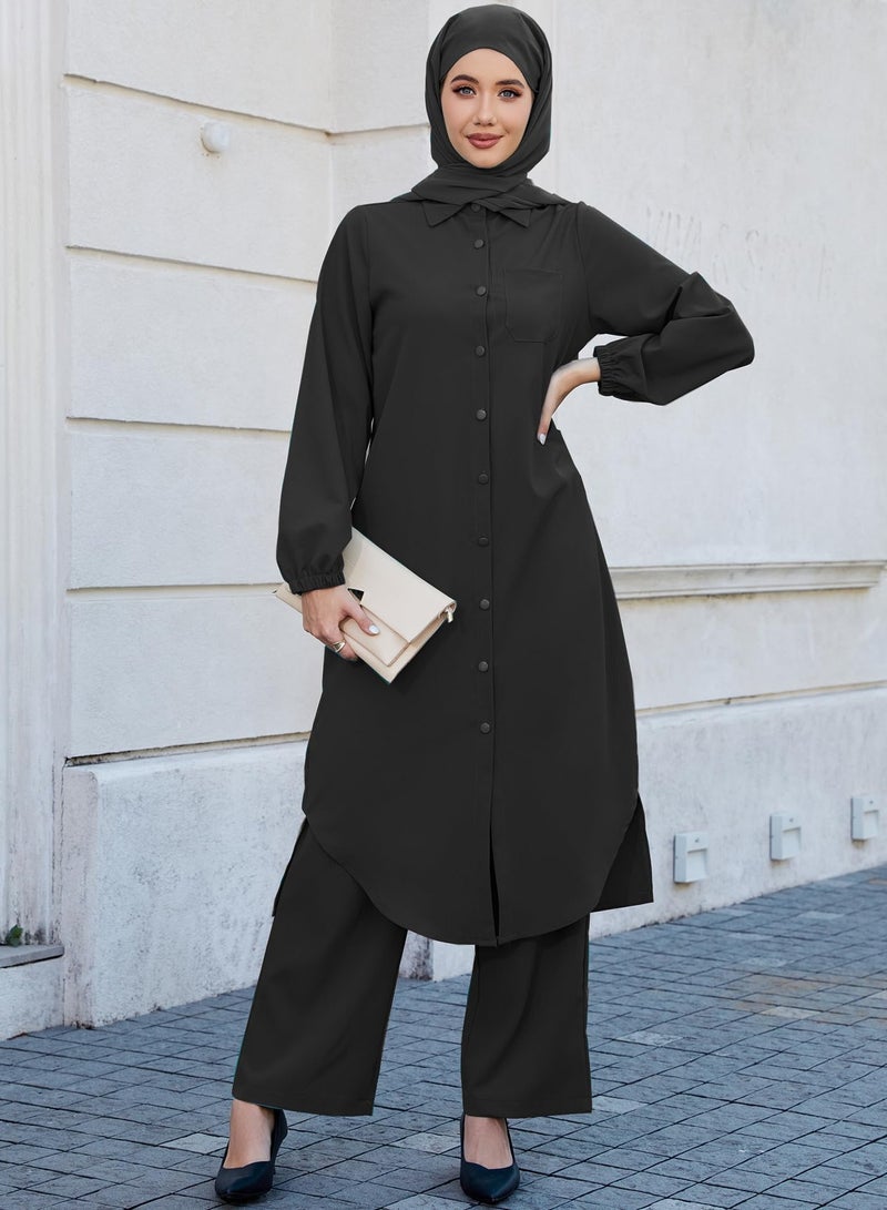 Abayas Dress for Women Muslim Robe Islamic Kaftan 3 PCS Set Long Sleeve Button Shirts Pants Hijab Dubai Outfits