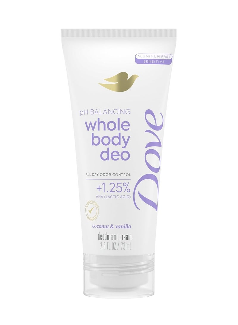 دوف مزيل عرق كريمي متوازن الحموضة وخالي من الألومنيوم من دوف لكامل الجسم برائحة جوز الهند والفانيليا للتحكم في الرائحة لمدة 72 ساعة، 2.5 أونصة