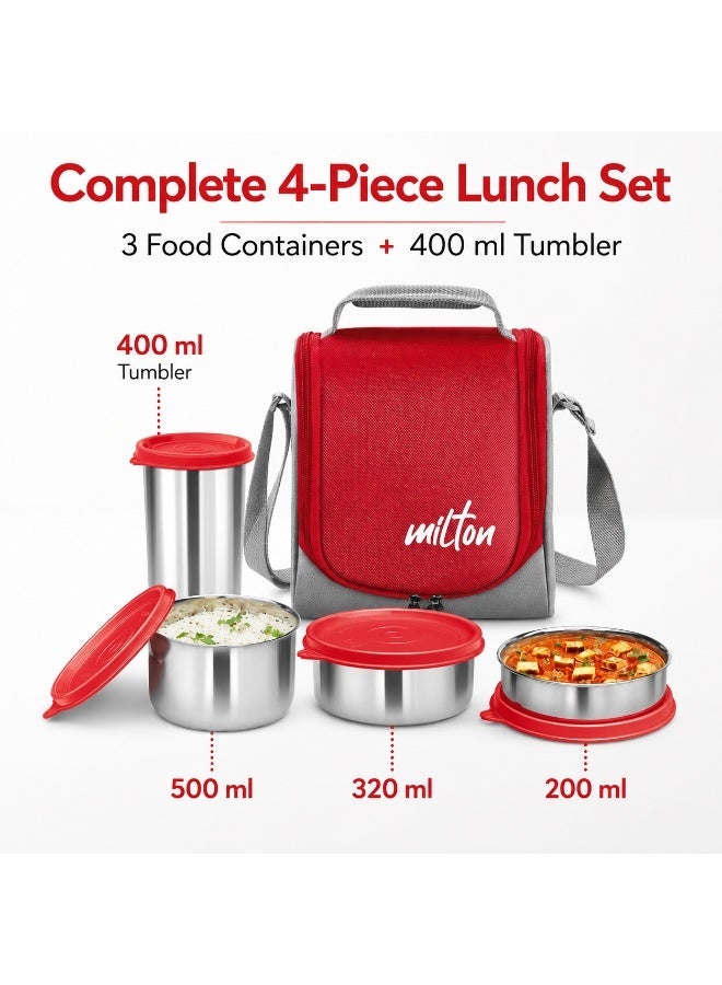 Milton Lunch Box with Bag Combo Stainless Steel Tiffin Set for School, Office and Travel with 3 Leak-Proof Food Containers and 400ml Tumbler, 4-Piece Set, Assorted Red, Black or Blue - Image 5