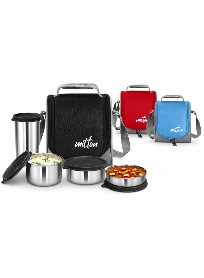 Milton Lunch Box with Bag Combo Stainless Steel Tiffin Set for School, Office and Travel with 3 Leak-Proof Food Containers and 400ml Tumbler, 4-Piece Set, Assorted Red, Black or Blue - Image 1