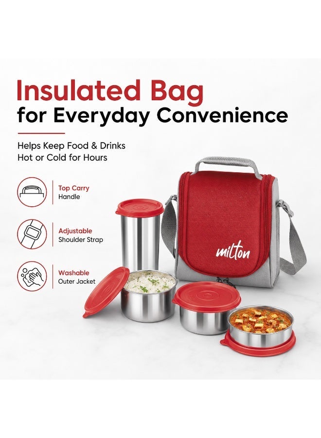 Milton Lunch Box with Bag Combo Stainless Steel Tiffin Set for School, Office and Travel with 3 Leak-Proof Food Containers and 400ml Tumbler, 4-Piece Set, Assorted Red, Black or Blue - Image 4