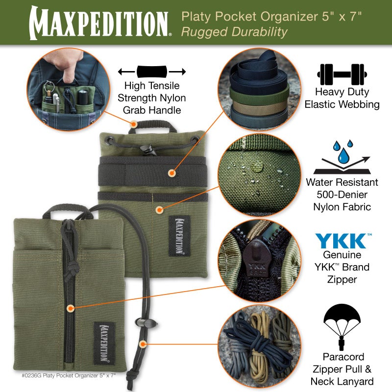MAXPEDITION Platy Pocket Organizer, Durable EDC Tool Pouch for Men, Neck Wallet with Paracord Lanyard, Holds Flashlight, Multitool, Pen, Notebook (OD Green, 5" x 7") - Image 3