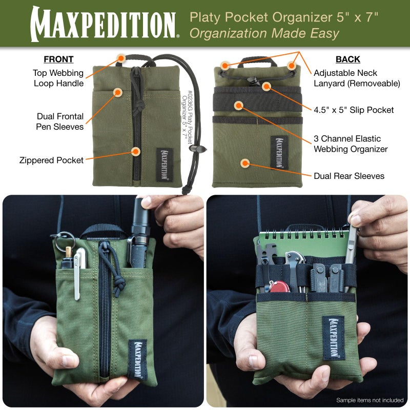 MAXPEDITION Platy Pocket Organizer, Durable EDC Tool Pouch for Men, Neck Wallet with Paracord Lanyard, Holds Flashlight, Multitool, Pen, Notebook (OD Green, 5" x 7") - Image 4