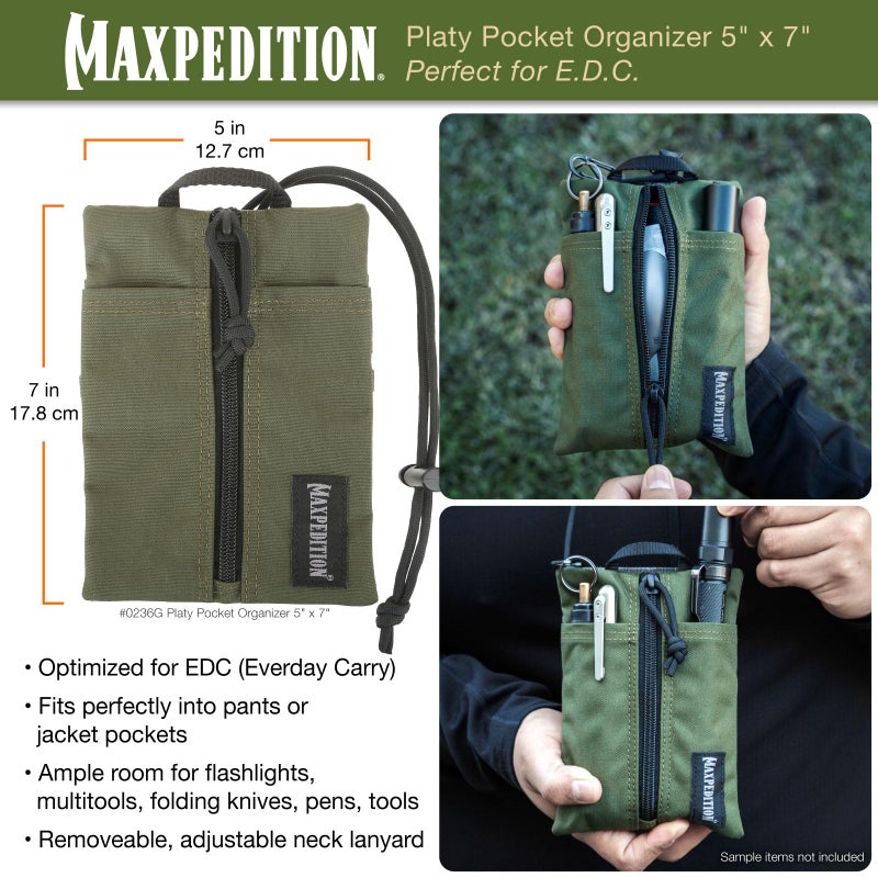MAXPEDITION Platy Pocket Organizer, Durable EDC Tool Pouch for Men, Neck Wallet with Paracord Lanyard, Holds Flashlight, Multitool, Pen, Notebook (OD Green, 5" x 7") - Image 2