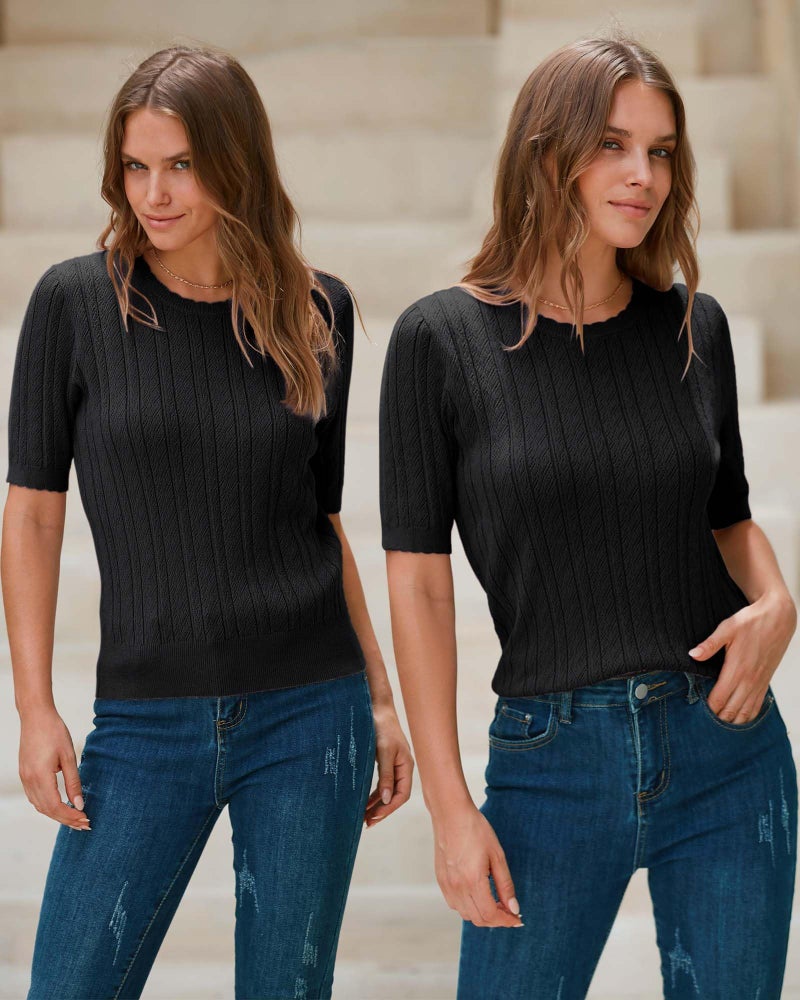 Arach&Cloz Womens Summer Sweater 2026 Spring Tops Business Trendy Dressy Short Sleeve Casual Blouses Outfits Crew Neck Fashion Lightweight Knit Pullover Cute Shirts Western Vacation Resort Wear Black - Image 4
