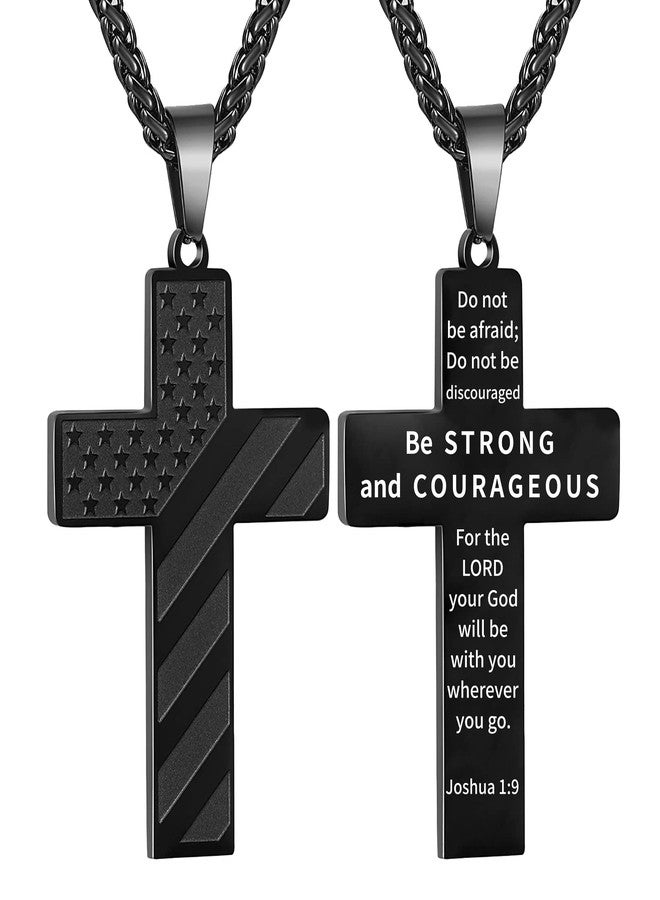 DuoDiner Graduation Gifts-Cross Necklace for Men Boys Black Pendant Chain American Flag Baptism Religious Christian First Communion Confirmation Jewelry Gifts for Him Teenage Boys（Joshua 1:9 ） - Image 1