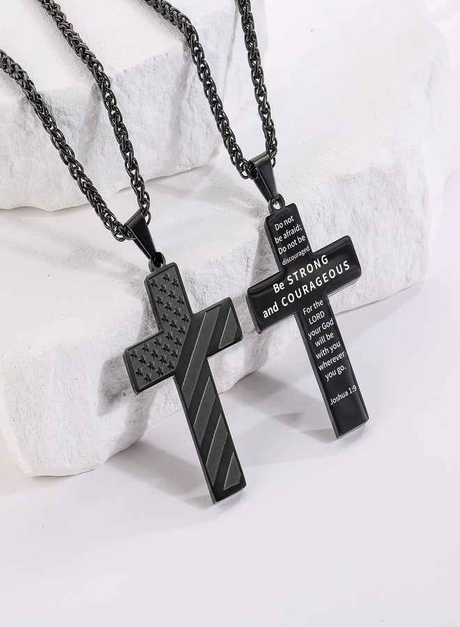 DuoDiner Graduation Gifts-Cross Necklace for Men Boys Black Pendant Chain American Flag Baptism Religious Christian First Communion Confirmation Jewelry Gifts for Him Teenage Boys（Joshua 1:9 ） - Image 4