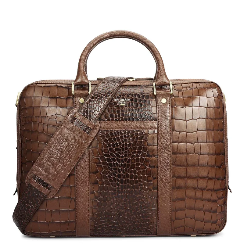 Croco Leather Laptop Bag - Walnut