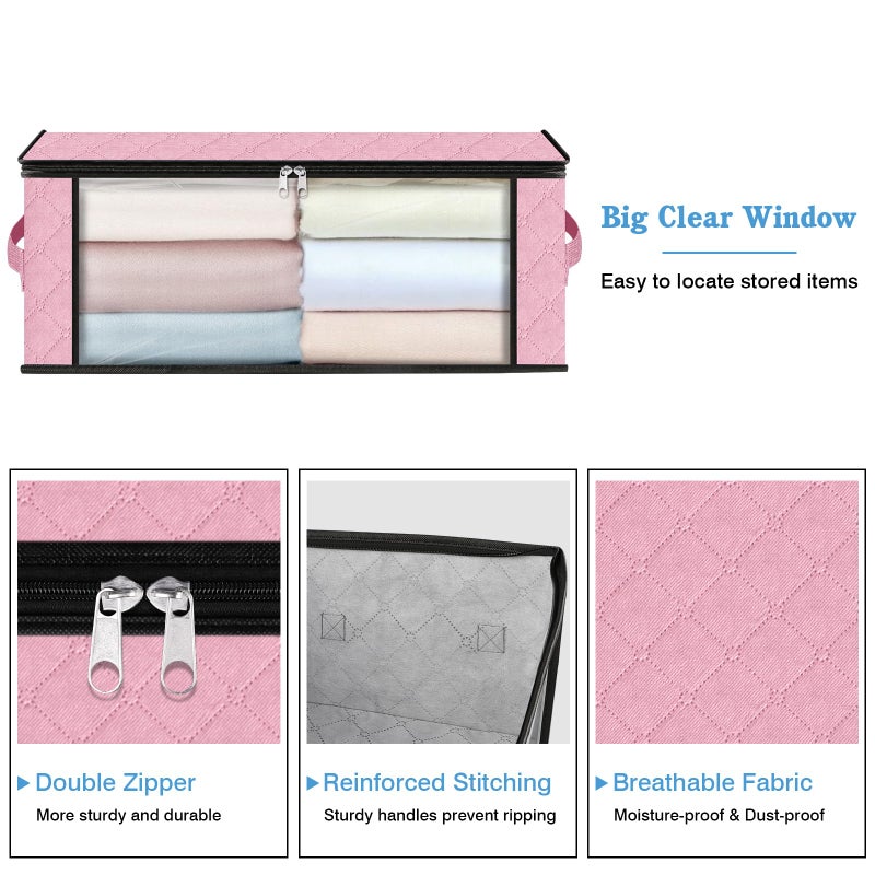 HomeHacks مجموعة هوم هاكس للتخزين، 3 أكياس تخزين لتنظيم الملابس، صندوق تخزين قابل للطي بنافذة شفافة كبيرة ومقابض متينة، مناسب للخزانة، غرف النوم، الوسائد، أغطية الأسرة، الملابس، والبطانيات، سعة 35 لترًا، لون وردي - Image 4