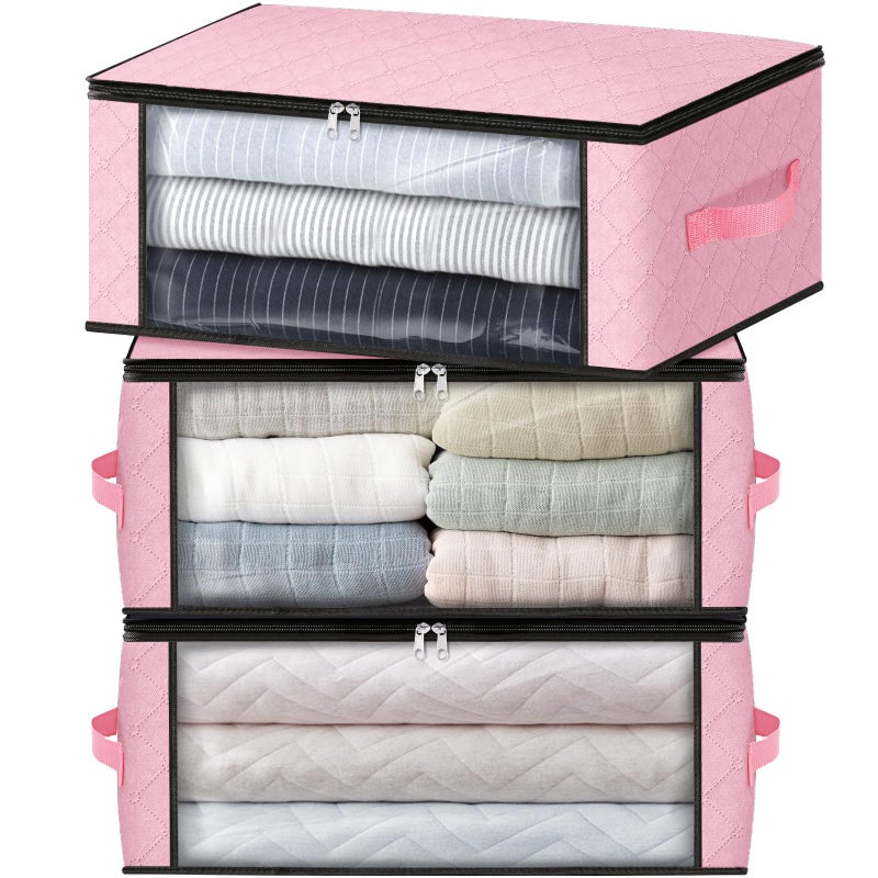 HomeHacks مجموعة هوم هاكس للتخزين، 3 أكياس تخزين لتنظيم الملابس، صندوق تخزين قابل للطي بنافذة شفافة كبيرة ومقابض متينة، مناسب للخزانة، غرف النوم، الوسائد، أغطية الأسرة، الملابس، والبطانيات، سعة 35 لترًا، لون وردي - Image 1