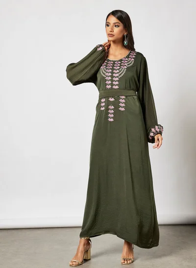 Hayat Jalabiya With Fan Like Shaped Embroidery And Garterised Sleeves With Belt