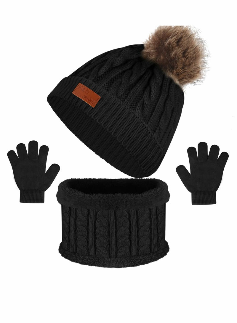 Kids Beanie Hat Scarf Gloves Set Knit Winter Warm Set for Toddler Boys Girls for 1-6 Years Old Kids Winter Beanie Hat Scarf Gloves Set with Knit Thick Warm Fleece Lined - Image 1