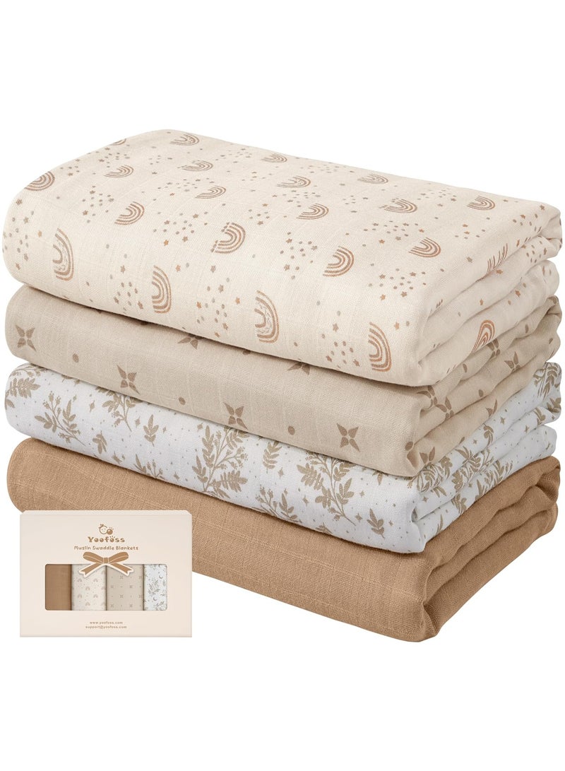 YOOFOSS Yoofoss Muslin Swaddle Blankets, 4-Pack Receiving Blankets for Baby Boys and Girls, 47 x 47 Inches Baby Neutral Swaddle Wrap 70% Rayon from Bamboo and 30% Organic Cotton Coffee & Leaves - Image 1