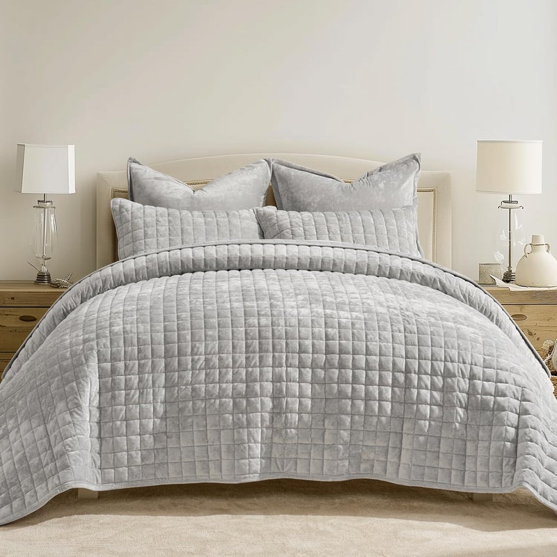 RECYCO Luxury Velvet Quilt Set Full Queen Size Bedding Sets, Ultra Soft Velvet Comforter Set, Lightweight Channel Box Stitch Oversized Bedspread Coverlet for All Season, with 2 Shams, Frost Gray - Image 1