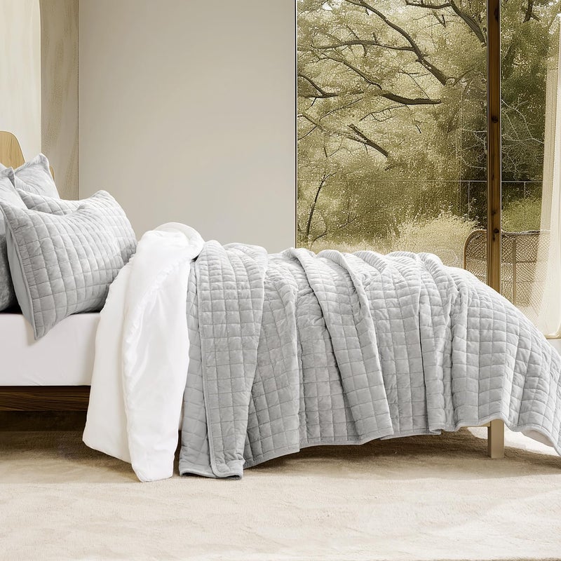 RECYCO Luxury Velvet Quilt Set Full Queen Size Bedding Sets, Ultra Soft Velvet Comforter Set, Lightweight Channel Box Stitch Oversized Bedspread Coverlet for All Season, with 2 Shams, Frost Gray - Image 2