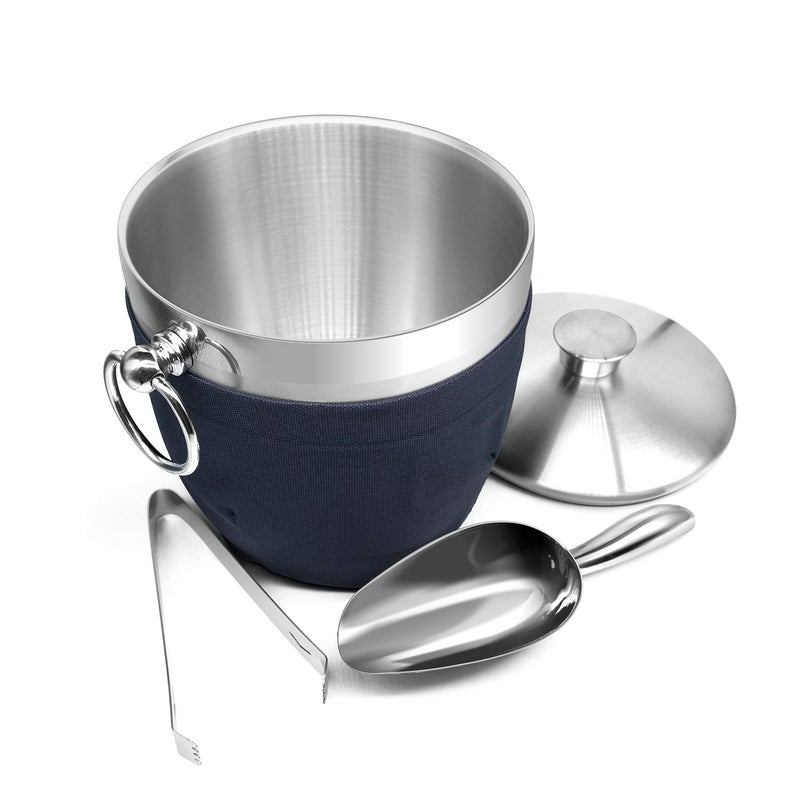 Fortune Candy Insulated Ice Bucket  Double Walled Stainless Steel Ice Bucket with Ice Tongs Scoop Lid and Exclusive Handmade Nylon Holder  28 L Navy Blue