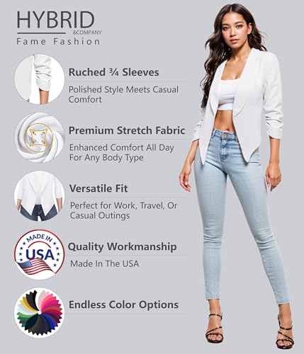Hybrid & Company Lightweight Open Front Cardigan Classic Ruched Sleeve Work Office Blazer Suit Jackets JK1133X White 2X - Image 3