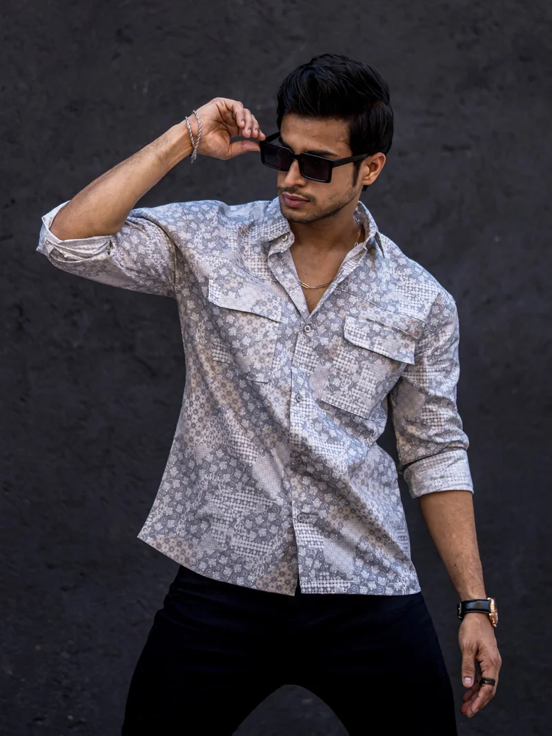 Maniac  Maniac Mens All Over Printed Full Sleeve Beige Cotton Shirt for Men | Best Price UAE