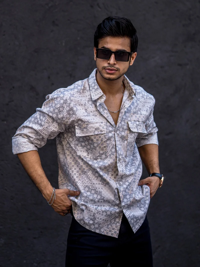 Maniac Maniac Mens All Over Printed Full Sleeve Beige Cotton Shirt