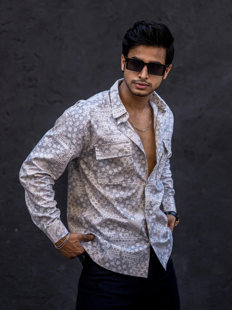 Maniac Maniac Mens All Over Printed Full Sleeve Beige Cotton Shirt