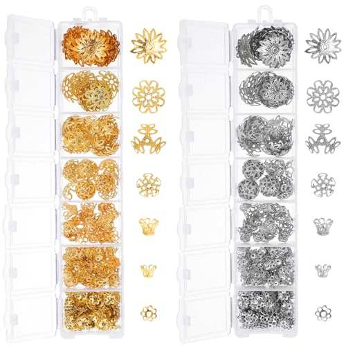 WJIAAA 816Pcs Bead Caps Antique Gold and Silver Metal Alloy Flower Spacer Bead End Caps 7 Styles for DIY Jewelry Making Supplies - Image 1