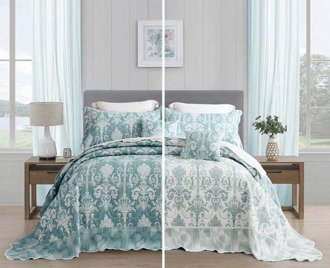 OVERSIZED KING BEDSPREAD 128X120 EXTRA WIDE JACQUARD MATELASSE DAMASK PATTERN DESIGN LIGHTWEIGHT REVERSIBLE 5 PIECE 100 MICROFIBER GREEN