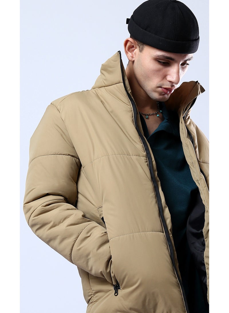 RAVIN Stand-Collar Solid Light Camel Puffer Jacket  - Image 4