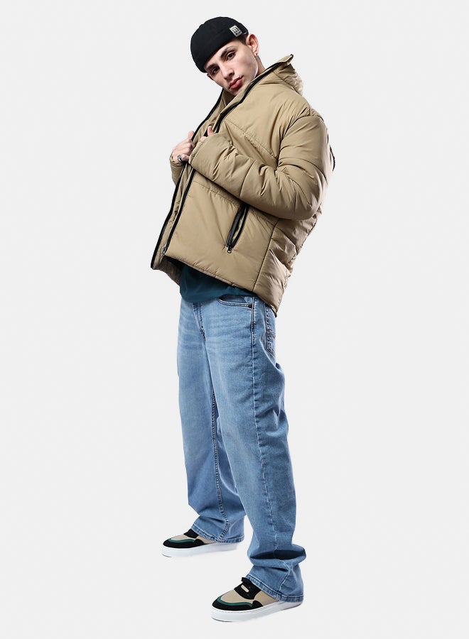 RAVIN Stand-Collar Solid Light Camel Puffer Jacket  - Image 3