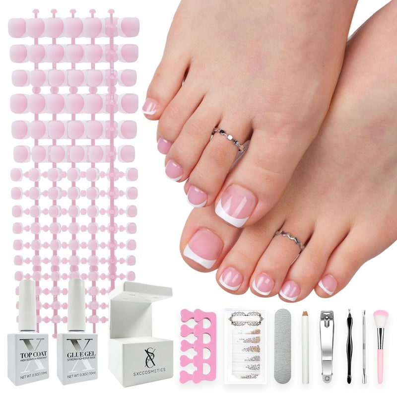 SXC Cosmetics X-Pro Tips French Tip Press On Toenails for Women, Acrylic Soft Gel System (Short French Pink, Short) - Image 1