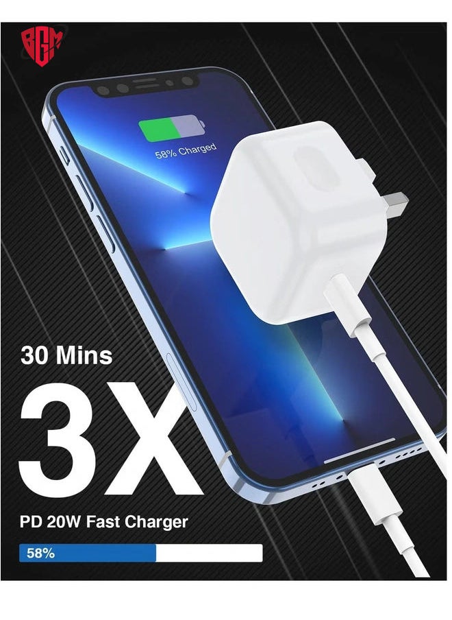 BGM - iPhone 13 Charger Plug and Cable, 20W USB C Plug with USB C Lightning Cable, USB C Apple Lightning Cable and iPhone Plug uk Charger for iPhone 13 Pro Max/12/12Mini/11/XR/XS/X/8 - Image 1