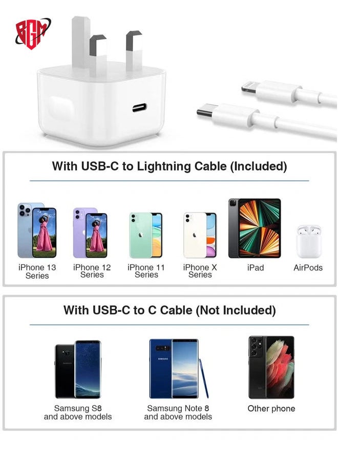 BGM - iPhone 13 Charger Plug and Cable, 20W USB C Plug with USB C Lightning Cable, USB C Apple Lightning Cable and iPhone Plug uk Charger for iPhone 13 Pro Max/12/12Mini/11/XR/XS/X/8 - Image 1