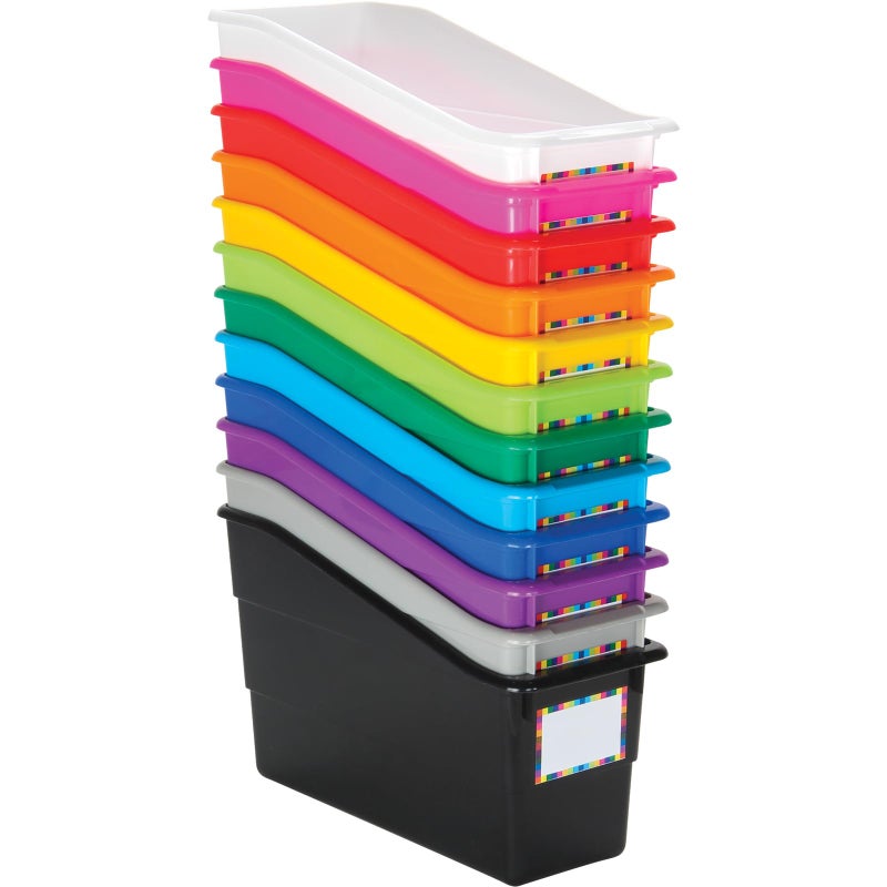 Really Good Stuff Rainbow Organizing Bins Premium Plastic Book Holders With Name Labels Vertical Storage Organization for Classroom Home Color Code Files Books Binders Supplies 12 pk