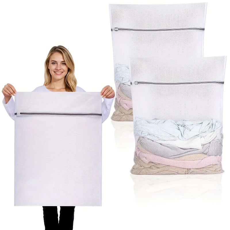 2 Pack Large Reusable Zippered Laundry Bag 23.62 Inch Polyester White Multipurpose - Image 2