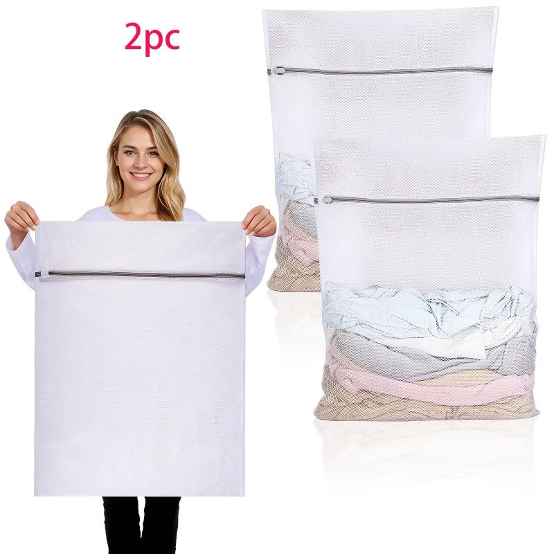 2 Pack Large Reusable Zippered Laundry Bag 23.62 Inch Polyester White Multipurpose - Image 1