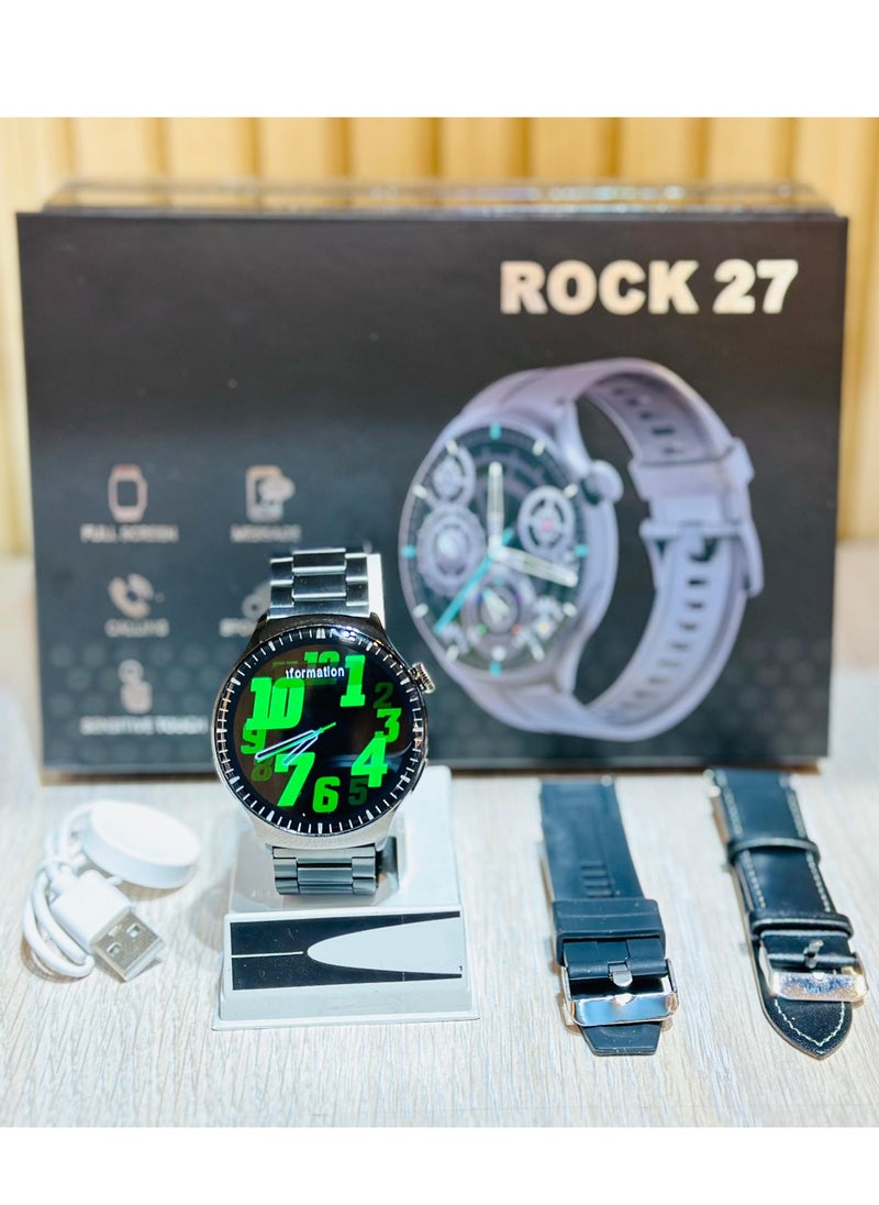 Generic - Rock 27 HD Round Display Stainless Steel Smartwatch with 2 bands, Compatible for Android & iOS - Image 1