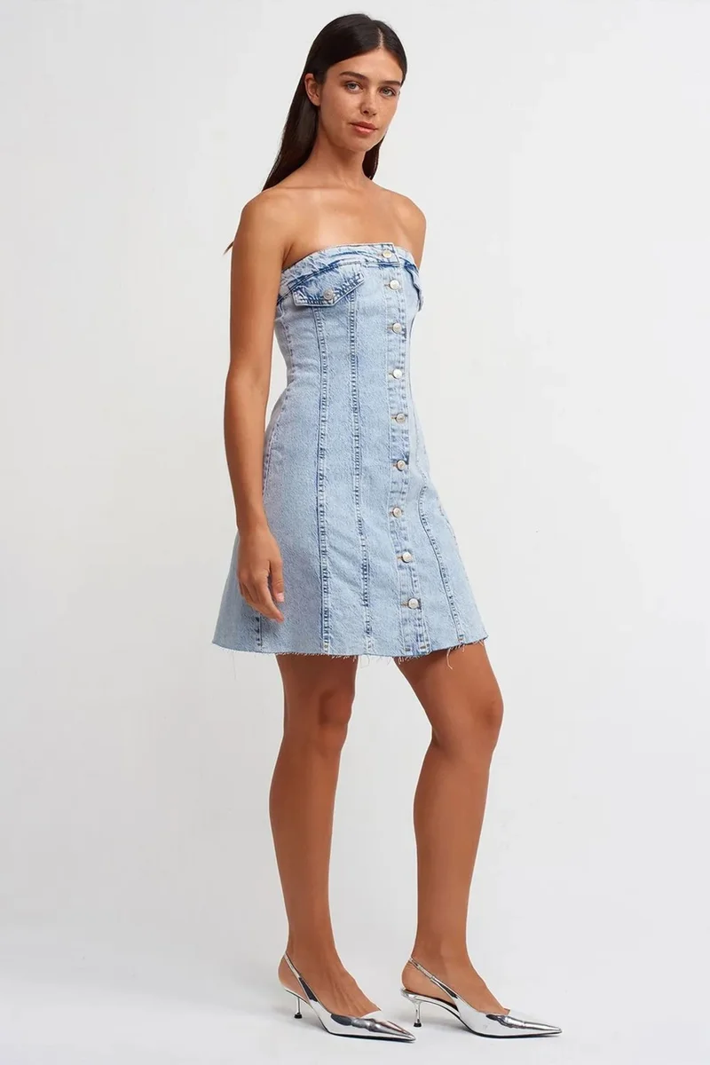 Dilvin Light Blue Denim DILVIN Strapless Mini Denim Dress for Women | Best Price UAE