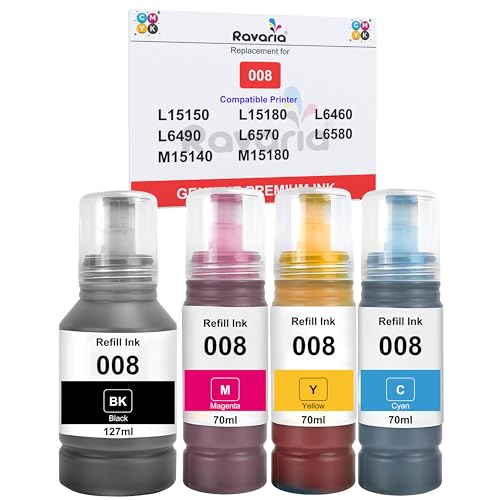 Ravaria 008 Compatible Ink For Epson Printer L15150, L15180, L6460, L6490, L6570, L6580, M15140, And M15180 (008 Ink Set 4 Color, Multi-Color Pack) - Image 1