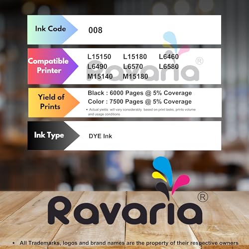 Ravaria 008 Compatible Ink For Epson Printer L15150, L15180, L6460, L6490, L6570, L6580, M15140, And M15180 (008 Ink Set 4 Color, Multi-Color Pack) - Image 2