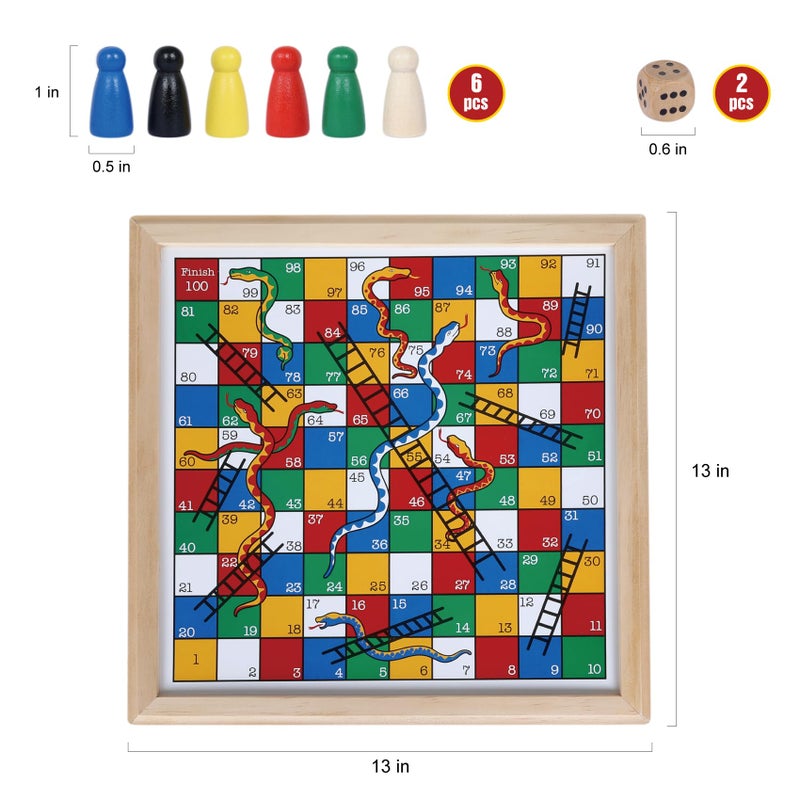 Gothink Wooden Snakes and Ladders Game - 13 Inch Educational Board Game for Children Ages 3 and Up & Adults - Classic Board Game Includes 6 Counters & 2 Dice, Rules - Image 5