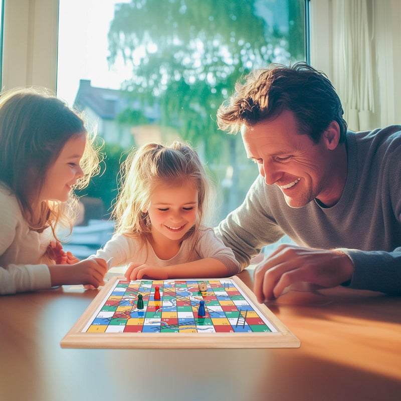 Gothink Wooden Snakes and Ladders Game - 13 Inch Educational Board Game for Children Ages 3 and Up & Adults - Classic Board Game Includes 6 Counters & 2 Dice, Rules - Image 2