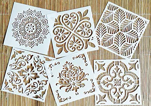 OBUY Reusable Stencil Laser Cut Painting Template Floor Wall Tile Fabric Furniture Stencils Mandala Painting Stencils Set of 6 (6x6 inch) - Image 1