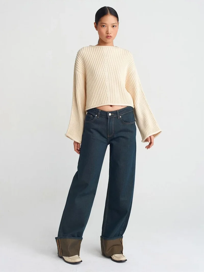 ديلفين Dilvin Mid Waist Wide Leg Cotton Denim Jeans