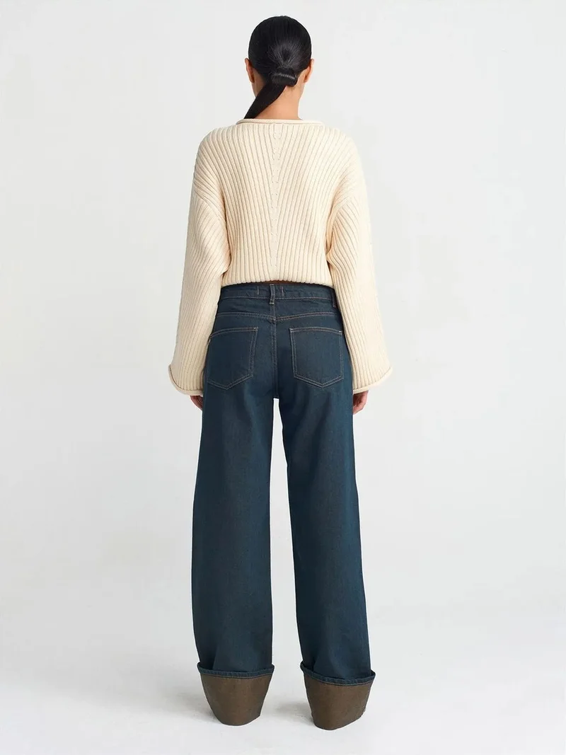 ديلفين Dilvin Mid Waist Wide Leg Cotton Denim Jeans