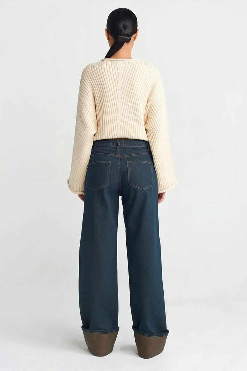 Dilvin Dark Blue Denim DILVIN Mid Waist Wide Leg Cotton Denim Jeans for Women | Best Price UAE