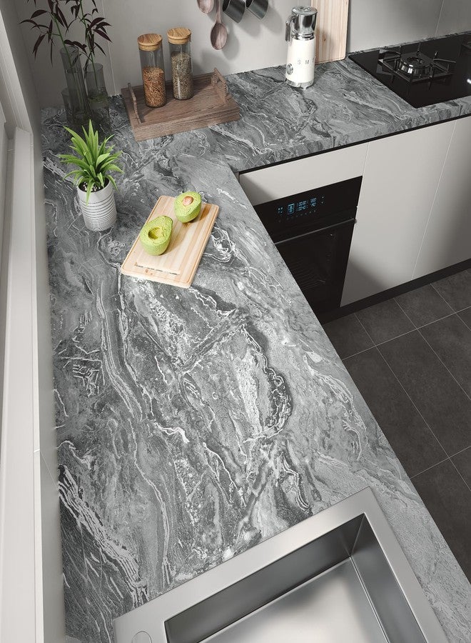 LACHEERY Dark Grey Marble Contact Paper for Countertops Matte Silver Gray Marble Contact Paper Peel and Stick Marble Countertop Waterproof Self Adhesive Marble Wallpaper for Walls Cabinets 15.8"x80" - Image 2